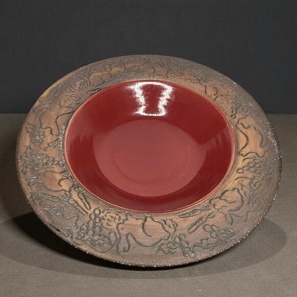 VTG Studio Art Pottery Rabbit Bowl 12” Oxblood Turquoise Hand Painted Signed CS - Picture 7 of 8